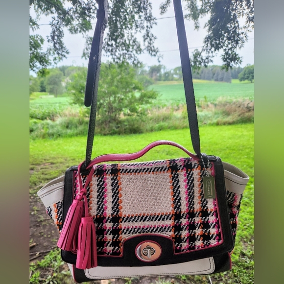 COACH LEGACY 21142  Multicolor Tweed and Leather Turnlock Two Way Bag RARE - Picture 3 of 13